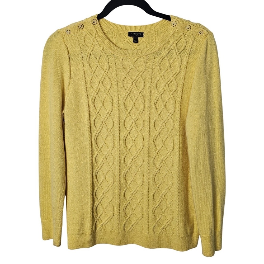 Talbots L Petite Yellow Lambswool Blend Cable Knit Sweater Preppy Fisherman